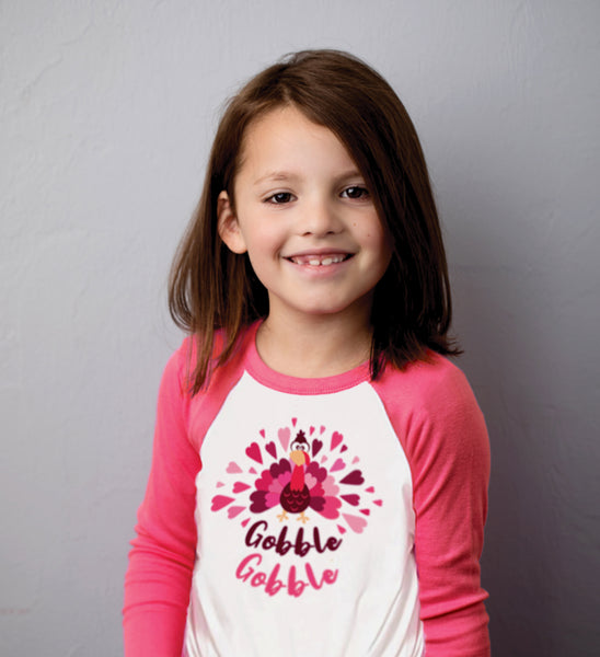 Thanksgiving Gobble Gobble Long Sleeve Turkey Tee Shirt Pink Heart Toddler Girl