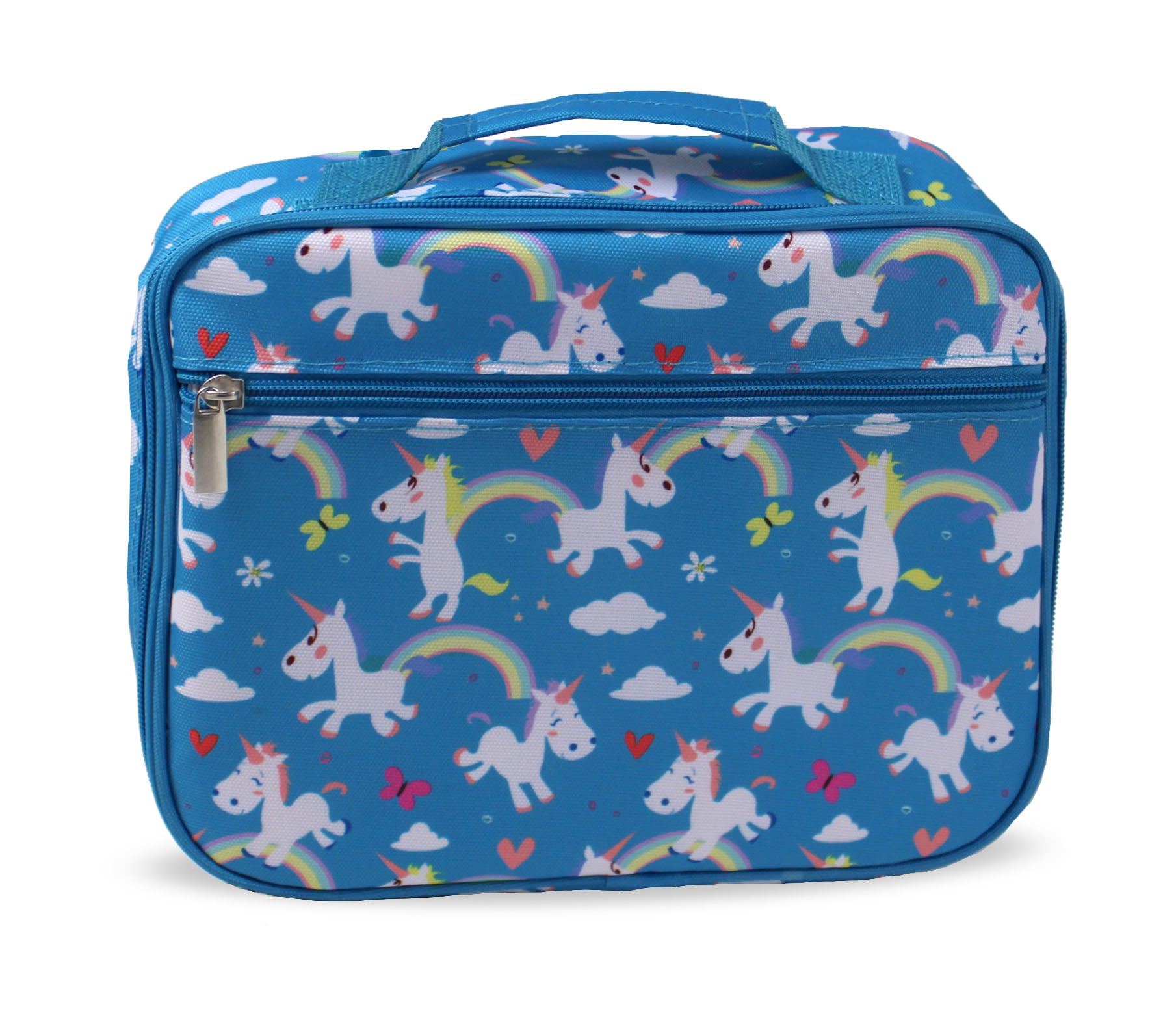 Kids Insulated Soft Lunch Box for School - Blue Unicorns and Rainbows
