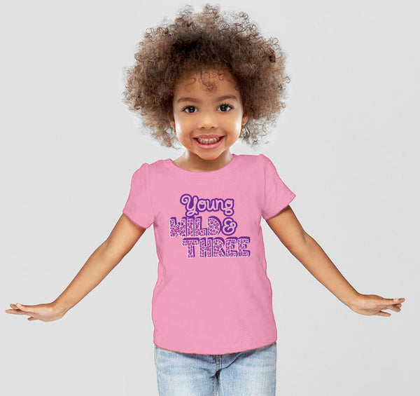 Young Wild and Three Birthday Shirt for Toddler Girls in Pink and Purple